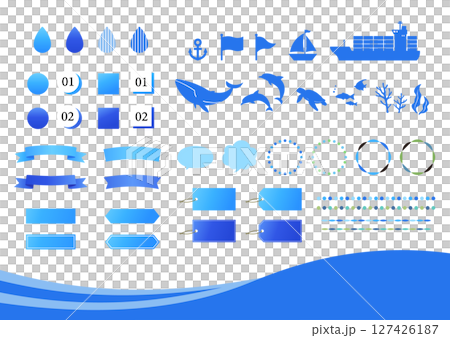 青い海と水のベクターイラスト素材セット。魚と船のアイコン、フレーム、装飾、背景。 青い海と水のベクターイラスト素材セット。魚と船のアイコン、フレーム、装飾、背景。 127426187