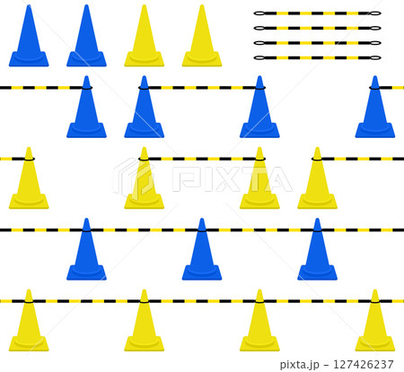 青と黄色のパイロンとコーンバー スコッチコーン連結セット 127426237