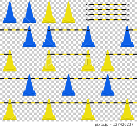 青と黄色のパイロンとコーンバー スコッチコーン連結セット 127426237