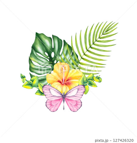 Tropical summer flamingo illustration with coconut Tropical summer flamingo illustration with coconut 127426320