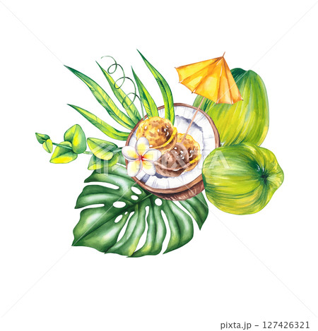 Tropical summer flamingo illustration with coconut Tropical summer flamingo illustration with coconut 127426321