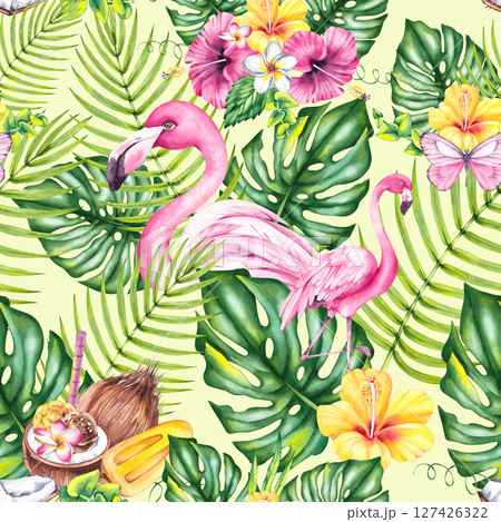 Tropical summer flamingo illustration with coconut 127426322
