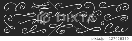 Chalk ornament flourish swirl calligraphy set. Hand drawn chalkboard divider, swirl curve, elegant banner and pencil frame menu. Flourish decoration, swoosh tail, vintage scroll. Vector 127426359