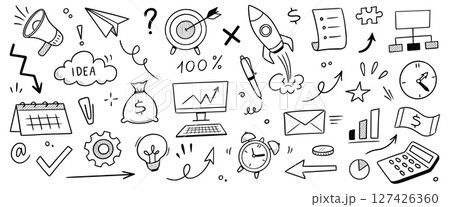 Business sketch icon money and idea set. Hand drawn sketch elements for team, goal, startup and success. Business icon chart, office clock, rocket progress job concept. Vector 127426360