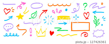 Hand marker line icon color brush element set. Hand drawn colorful sketch underline, arrow, heart shape with playful style. Doodle crown, highlight, pointer and symbol for fun design. Vector Hand marker line icon color brush element set. Hand drawn colorful sketch underline, arrow, heart shape with playful style. Doodle crown, highlight, pointer and symbol for fun design. Vector 127426361