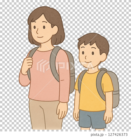 Illustration of a mother and a boy standing side by side with backpacks, flat style material depicting parents and children going out, disaster prevention and climbing Illustration of a mother and a boy standing side by side with backpacks, flat style material depicting parents and children going out, disaster prevention and climbing 127426373