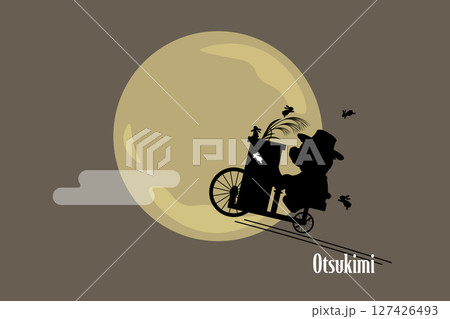 ピアノが付いた自転車に乗るクマのぬいぐるみのシルエットとお月見の背景イラスト ピアノが付いた自転車に乗るクマのぬいぐるみのシルエットとお月見の背景イラスト 127426493