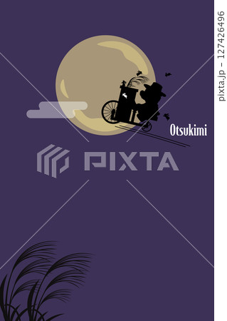ピアノが付いた自転車に乗るクマのぬいぐるみのシルエットとお月見の背景イラスト ピアノが付いた自転車に乗るクマのぬいぐるみのシルエットとお月見の背景イラスト 127426496