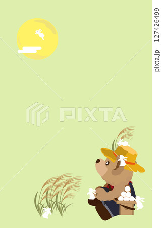お月見をするクマのぬいぐるみとウサギのイラスト 縦 127426499