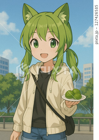 街を見つめる少年とずんだ餅 127426585