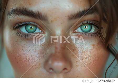 そばかすと透き通る瞳の女性ポートレート 127426817