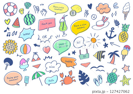 手描きのかわいい夏イラストと吹き出し見出しセット 127427062