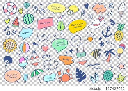 手描きのかわいい夏イラストと吹き出し見出しセット 127427062