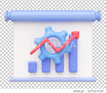 3d presentation board icon with gear, graph, data isolated. cartoon style. business finance analysis, 3d render illustration 127427228
