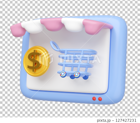 3D computer monitor store front with dollar coin, shopping cart isolated. Ideal for online shopping, represents e commerce and online retail. cartoon style, minimal design, 3d render 3D computer monitor store front with dollar coin, shopping cart isolated. Ideal for online shopping, represents e commerce and online retail. cartoon style, minimal design, 3d render 127427231