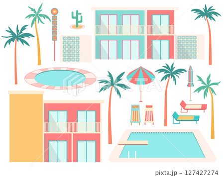 Summer vacation hotel and pool vector set. Flat cartoon palm trees, colorful motel buildings, parasols, sunbeds, pools isolated on white for tropical tourism design, print in mid-century modern style 127427274