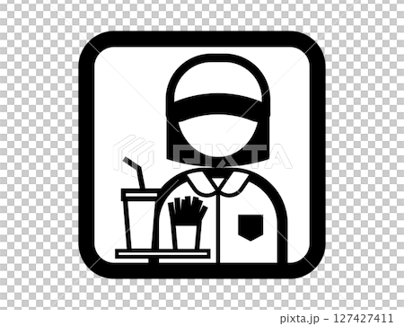 ポテトとジュースを持つファーストフード店員のシンプルな四角いモノクロイラストアイコン 127427411