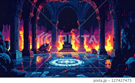 レトロゲーム風の自然なピクセルアート背景（魔王城の玉座