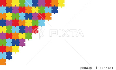 Colorful puzzle corner background design with blank white space for text or logo. Educational jigsaw border for kids projects, school activities, learning materials, or playful presentations. 127427484