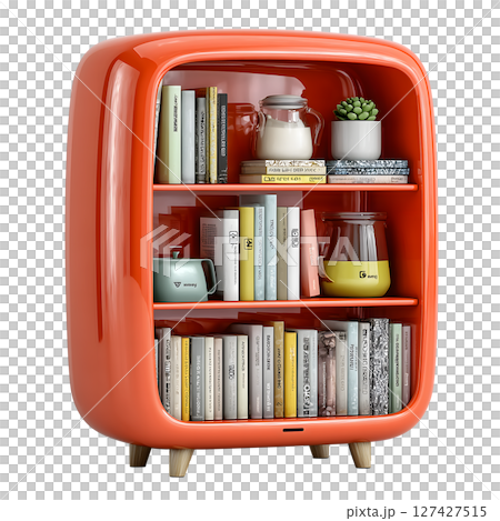 Vibrant orange bookshelf showcases collection of books, decorative items, and plant, creating lively and modern atmosphere Vibrant orange bookshelf showcases collection of books, decorative items, and plant, creating lively and modern atmosphere 127427515