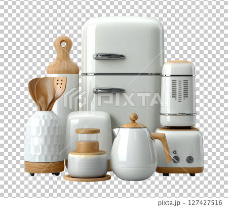 Glossy D scene of modern household appliances featuring refrigerator, kettle, and various kitchen tools, showcasing sleek design and warm tones 127427516