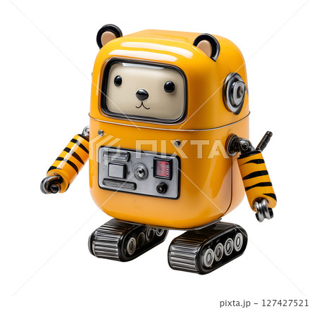 Cute, glossy robot with bear features, featuring orange and black stripes, mechanical arms, and friendly expression 127427521