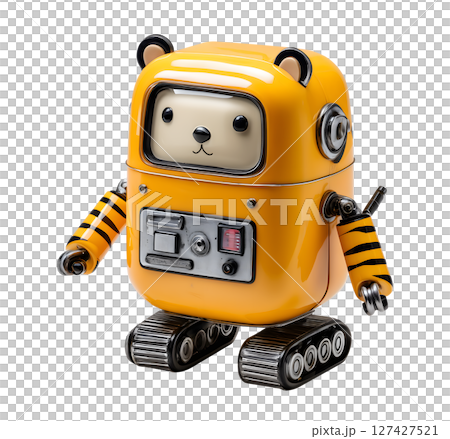 Cute, glossy robot with bear features, featuring orange and black stripes, mechanical arms, and friendly expression 127427521