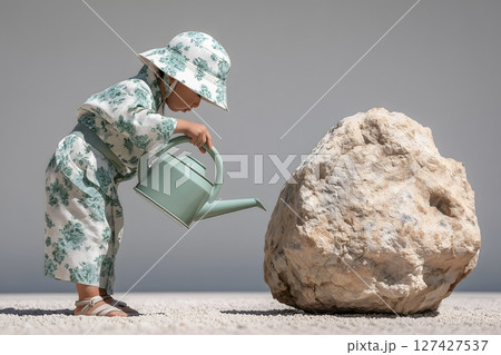 Young Japanese boy wearing floral outfit and straw hat is watering large rock with green watering can, showcasing curiosity and playfulness Young Japanese boy wearing floral outfit and straw hat is watering large rock with green watering can, showcasing curiosity and playfulness 127427537