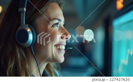 Happy teleoperator smiling while attending call and looking away, showcasing positive work environment and engagement with technology 127427620