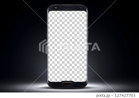 Sleek smartphone with blank display is showcased against transparency background, highlighting its modern design and elegance 127427703