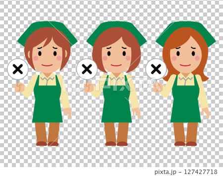 不正解の札を上げる緑エプロンの若い女性 127427718