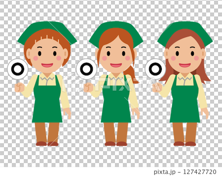 A young woman in a green apron holding up the correct answer card. Part 2 127427720