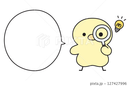 虫眼鏡を覗いて何かを閃く可愛いひよこと吹き出しのイラスト 虫眼鏡を覗いて何かを閃く可愛いひよこと吹き出しのイラスト 127427996