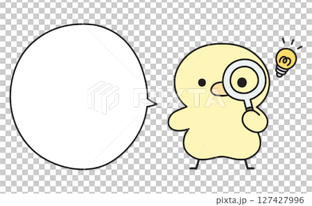 Illustration of a cute chick and a speech bubble looking through a magnifying glass and thinking of something 127427996