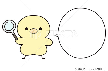 虫眼鏡を手に持つ可愛いひよこと吹き出しのイラスト 127428005