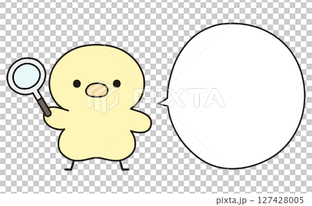 虫眼鏡を手に持つ可愛いひよこと吹き出しのイラスト 127428005