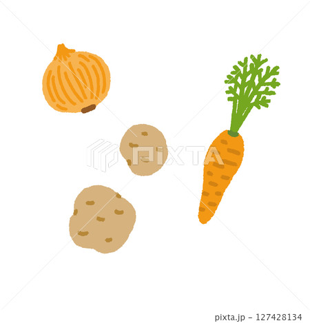 玉ねぎ・じゃがいも・にんじんの食材イラストセット 玉ねぎ・じゃがいも・にんじんの食材イラストセット 127428134