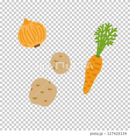 玉ねぎ・じゃがいも・にんじんの食材イラストセット 玉ねぎ・じゃがいも・にんじんの食材イラストセット 127428134
