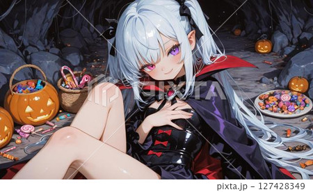 Elegant Anime Girl Vampire with Halloween Treats in Cave 127428349