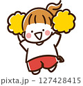 黄色いポンポンを両手にジャンプして応援をする女の子のデフォルメイラスト 127428415