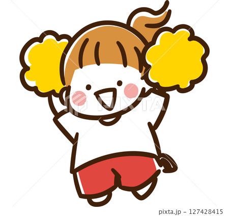 黄色いポンポンを両手にジャンプして応援をする女の子のデフォルメイラスト 黄色いポンポンを両手にジャンプして応援をする女の子のデフォルメイラスト 127428415