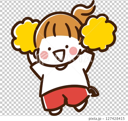 A deformed illustration of a girl cheering while jumping with yellow pom-poms in both hands 127428415