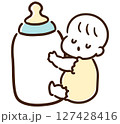 哺乳瓶を抱えて眠るかわいい赤ちゃんのデフォルメイラスト 127428416