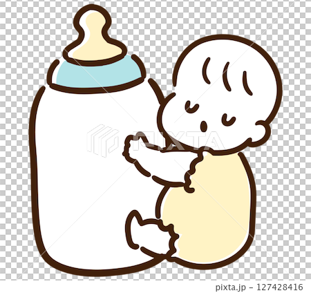 一個可愛的嬰兒抱著奶瓶睡覺的變形插圖 127428416