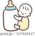 哺乳瓶を抱えるかわいい赤ちゃんのデフォルメイラスト 127428417