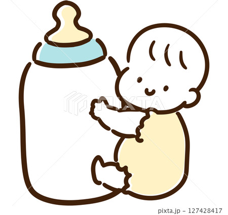 哺乳瓶を抱えるかわいい赤ちゃんのデフォルメイラスト 127428417