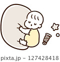 クッションを抱きしめて眠るかわいい赤ちゃんのデフォルメイラスト 127428418