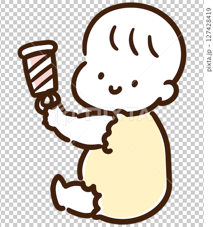 A cute baby sitting and playing with a rattle 127428419