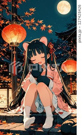 Whimsical Anime Girl Nekomimi in Pink Kimono Under Moonlight wit 127428426