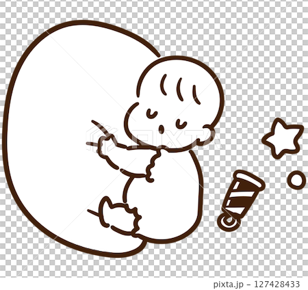 A deformed monochrome illustration of a cute baby hugging a cushion and sleeping 127428433